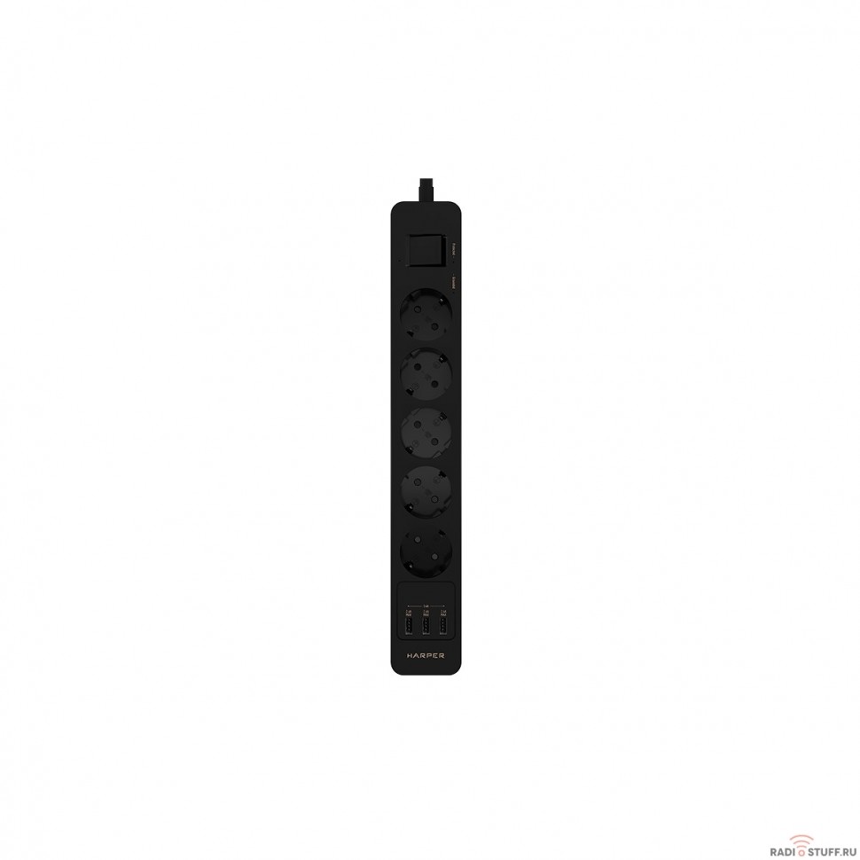 Harper Сетевой фильтр с USB зарядкой UCH-530 Black (5 роз.,1,5м.,3 x USB 2.4A (max 3.4A), 4000W) {H00003010}